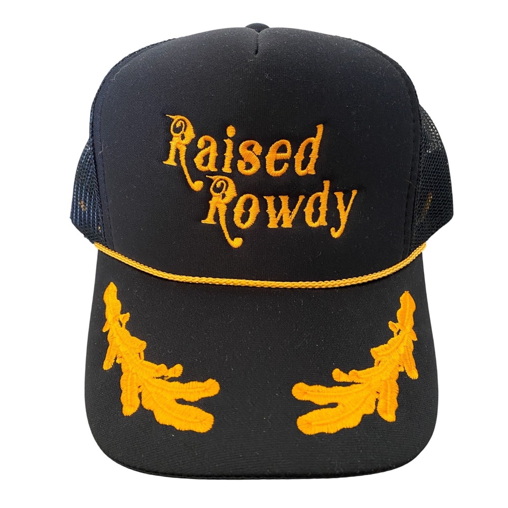 Mens Womens Raised Rowdy Trucker Hat Black Gold Western Country Snapback Cowgirl